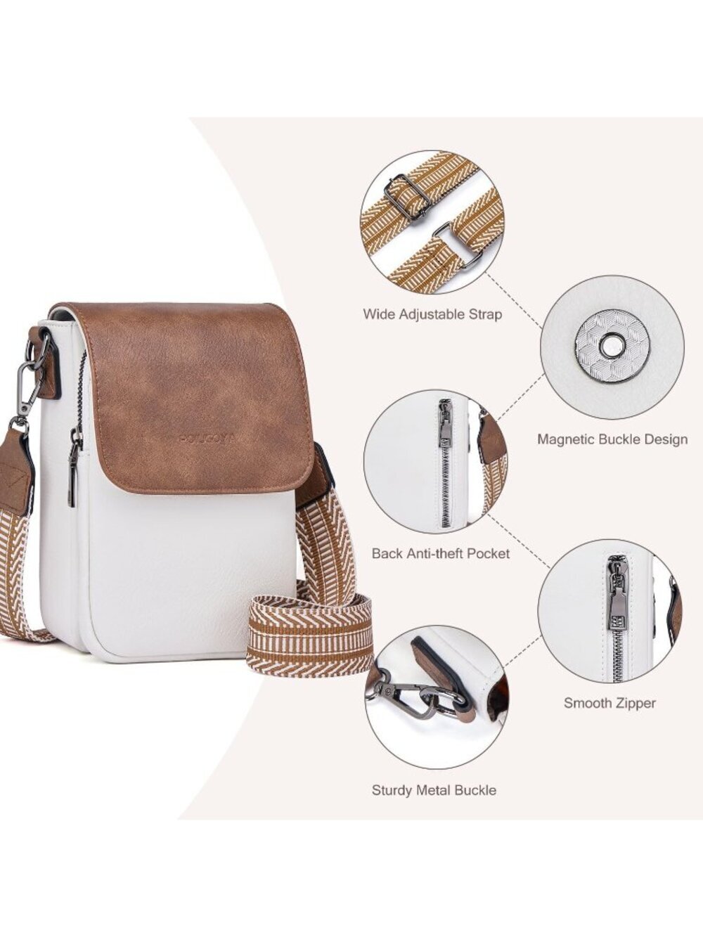POIUGOYA Women's Beige Brown Leather Triple Compartment Cell Phone Crossbody Bag - Picture 5 of 6